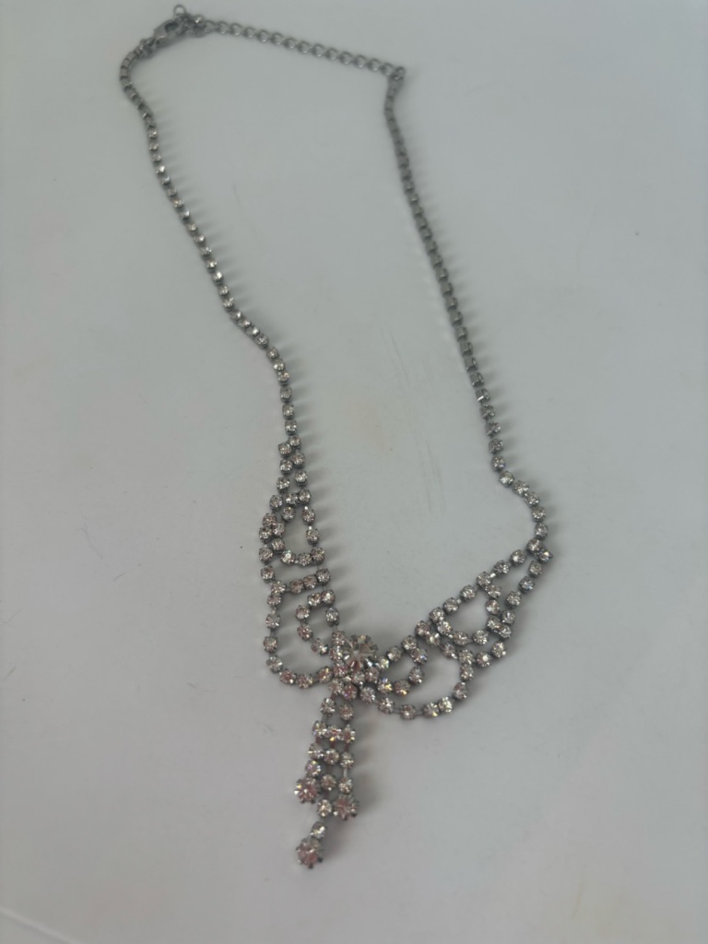 Vintage Silver Crystal Drop Necklace